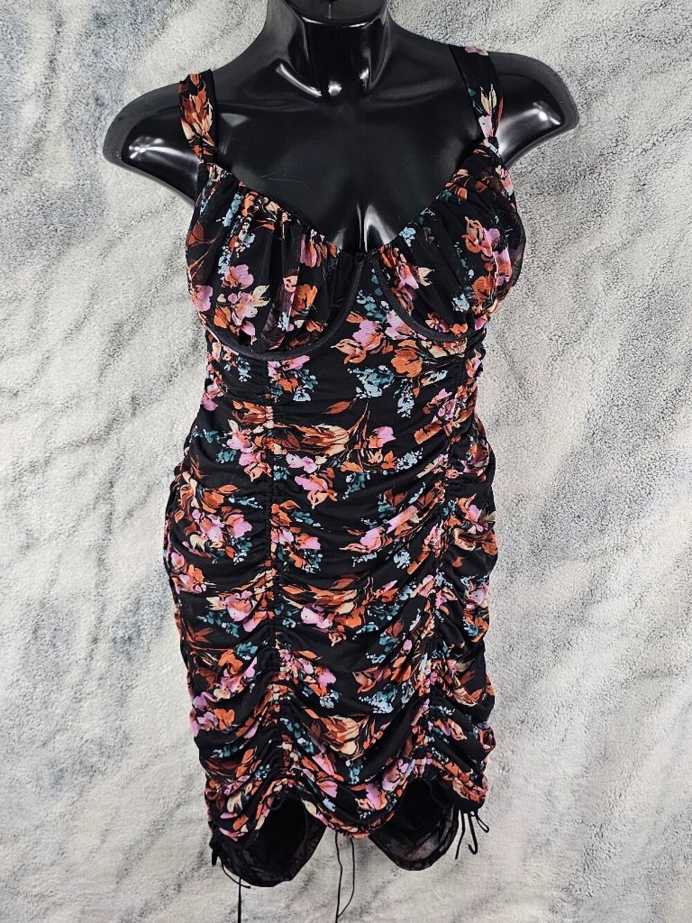 Torrid 2 2X 18-20 Black Floral Mesh Drawstring Chemise Ruched Underwire Sexy